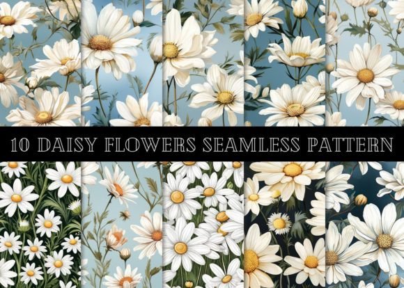 10 Daisy Flowers Seamless Pattern