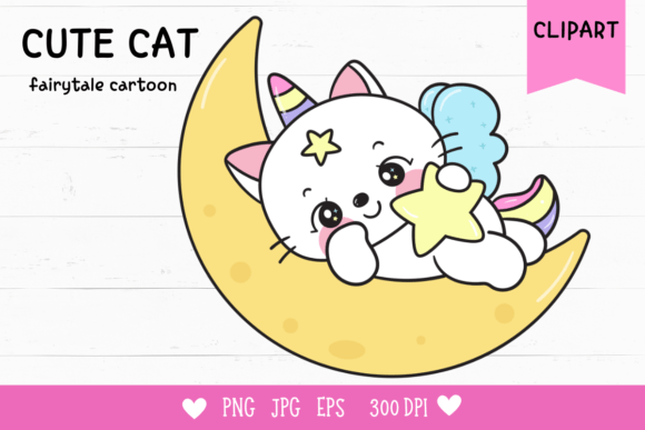 Cat Unicorn Sleep on Moon Kawaii Clipart